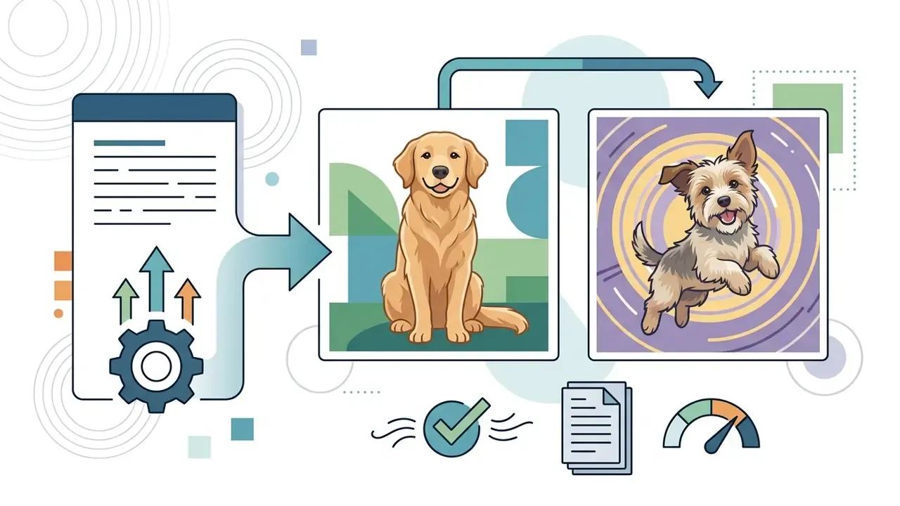 Document with gears processing a sitting golden retriever into a stylized jumping terrier illustration