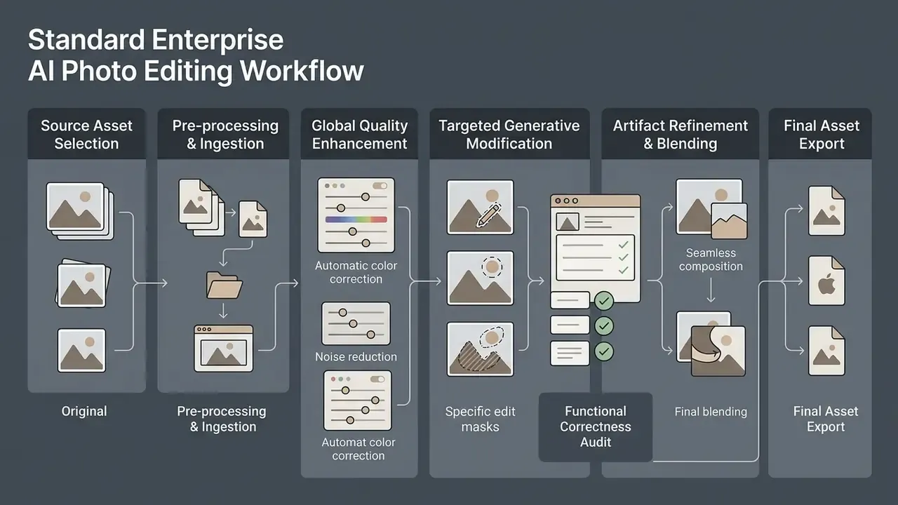 Sequential process steps for professional image production from asset selection to final quality export