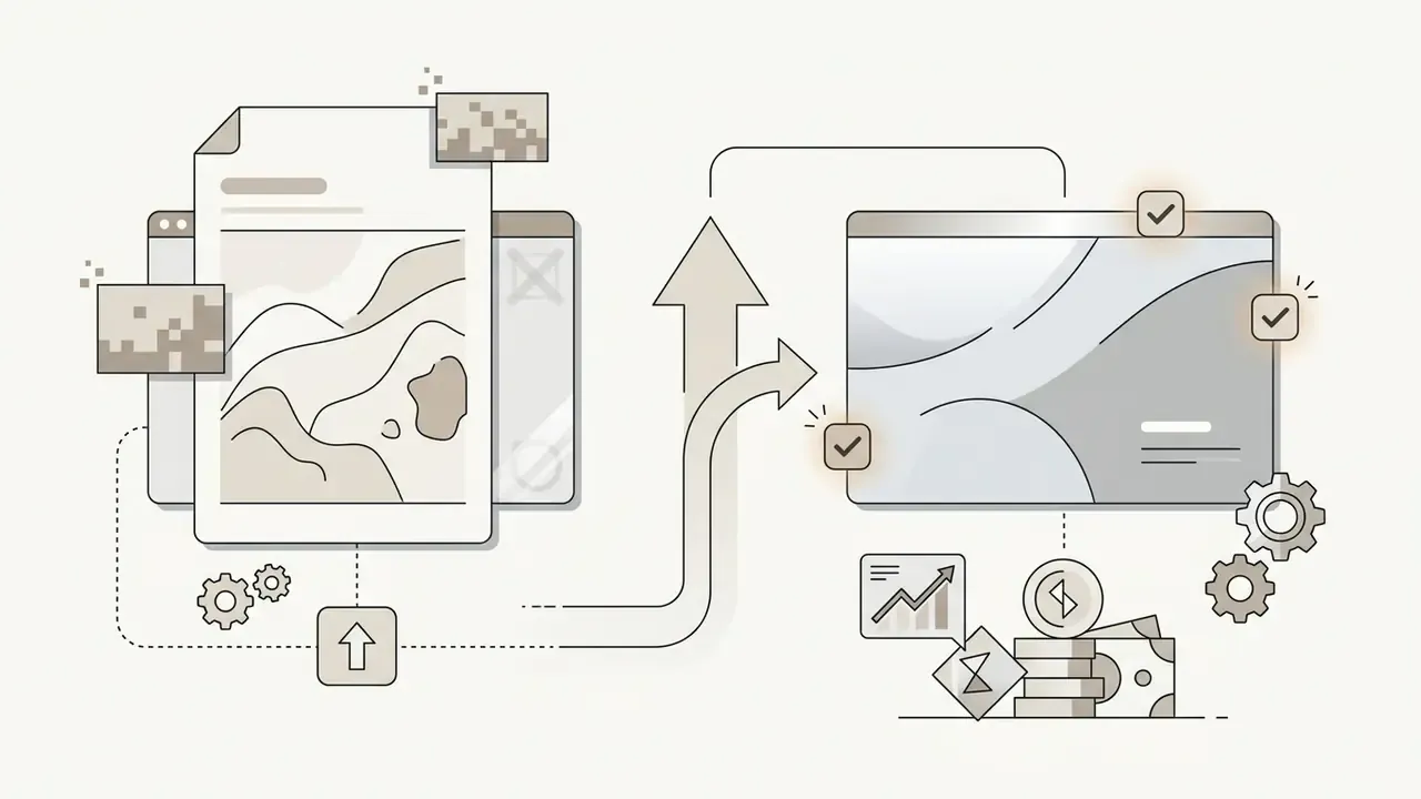 Linear graphic showing file upload and processing into a digital interface with financial icons