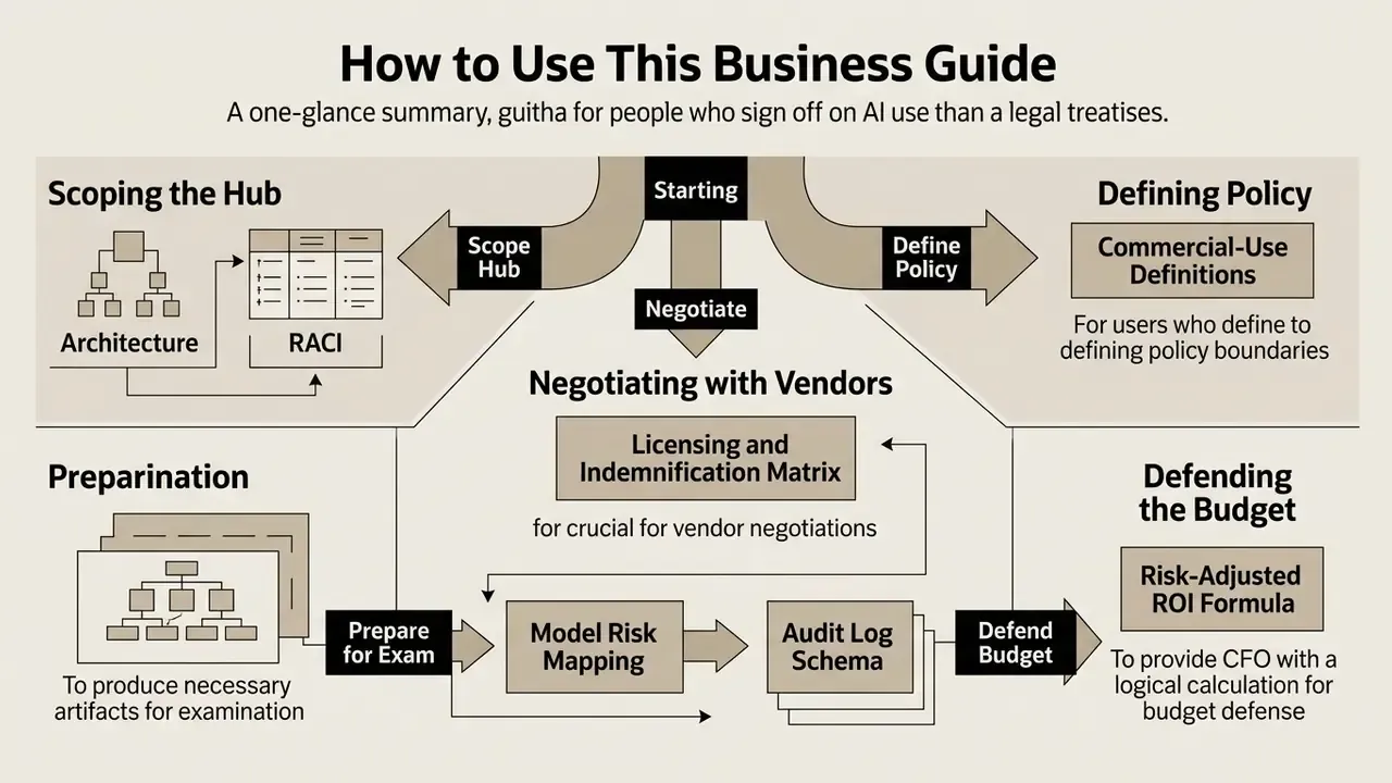 Flowchart outlining steps for AI Media Commercial-Use Hub tasks like scoping, policy, and vendor negotiation
