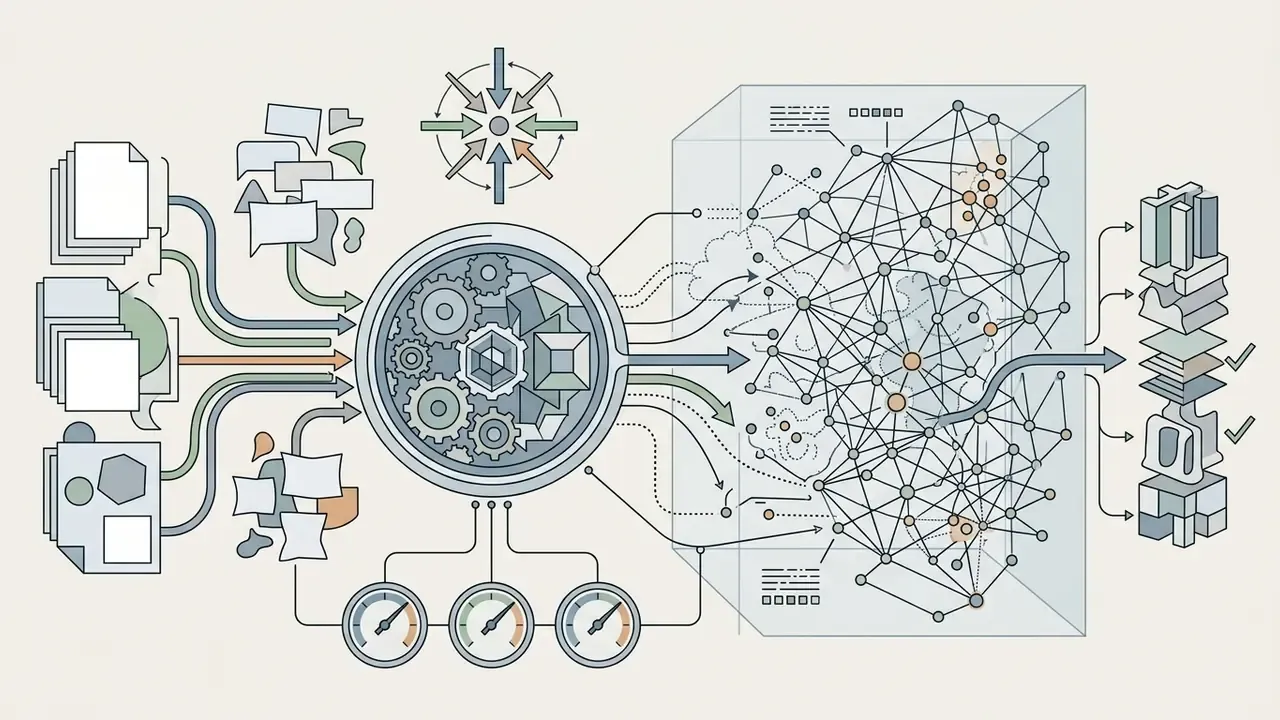 Data inputs feeding into a mechanical gear system that maps patterns onto a complex neural network grid