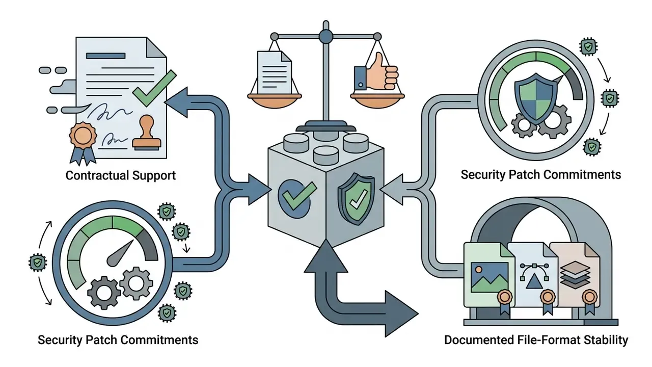 Balance scale and icons representing contractual support, security patches, and file format stability