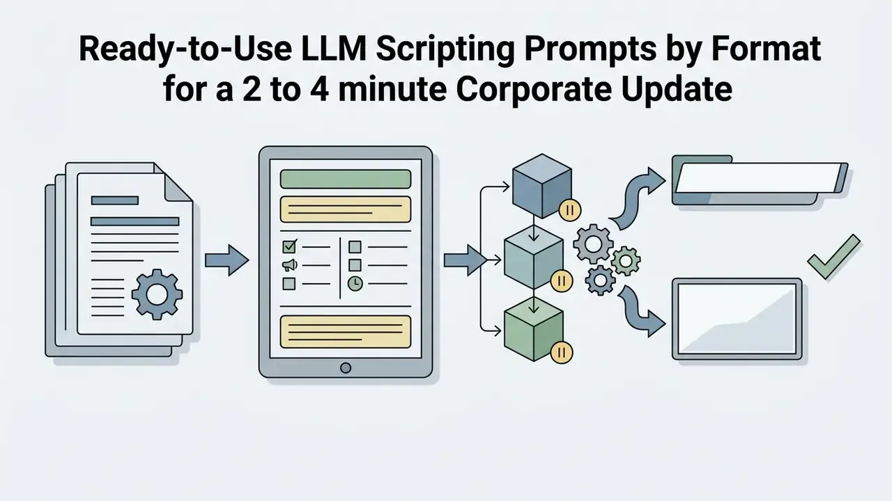 Document and tablet icons feeding into a gear processor to generate structured scripts and visual assets