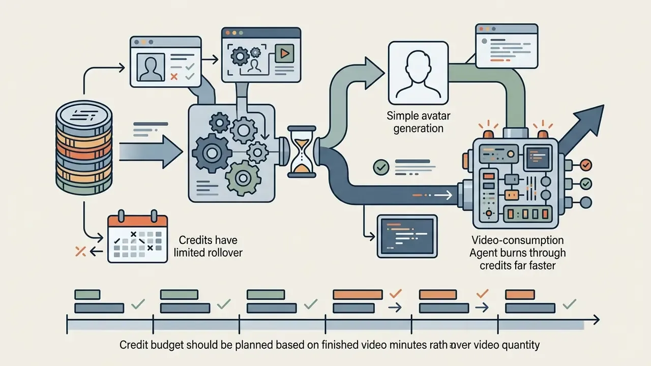 Credit stack feeding into a processing engine that splits resources between avatar and agent tasks
