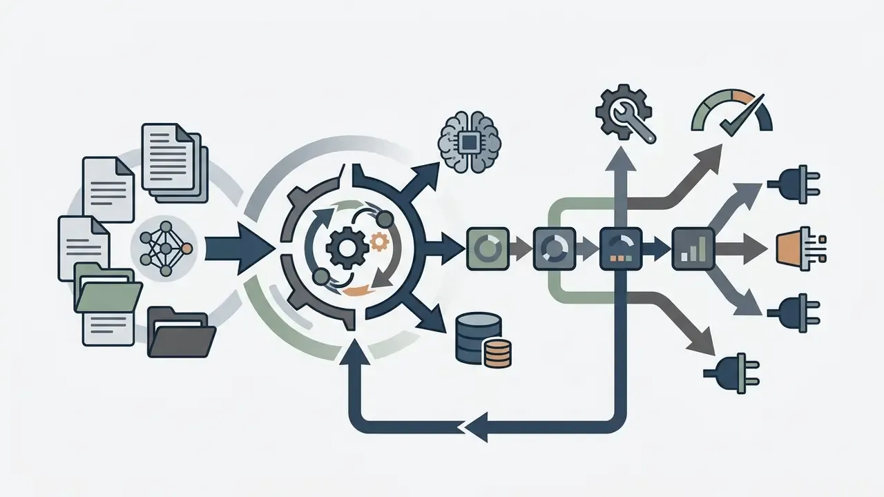 Documents and neural network icons feeding into a gear system that branches out to various tool outputs