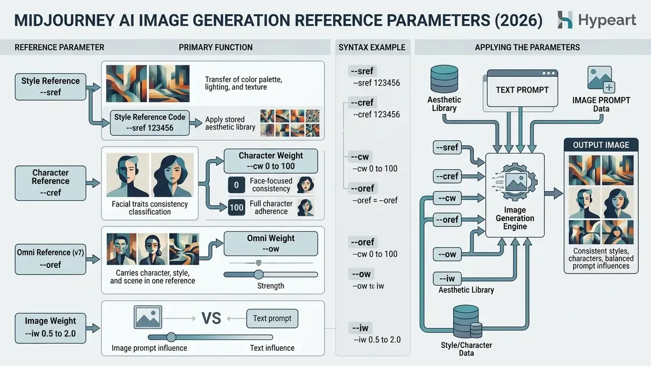 Table and diagram explaining Midjourney AI reference parameters for style, character, and image weighting