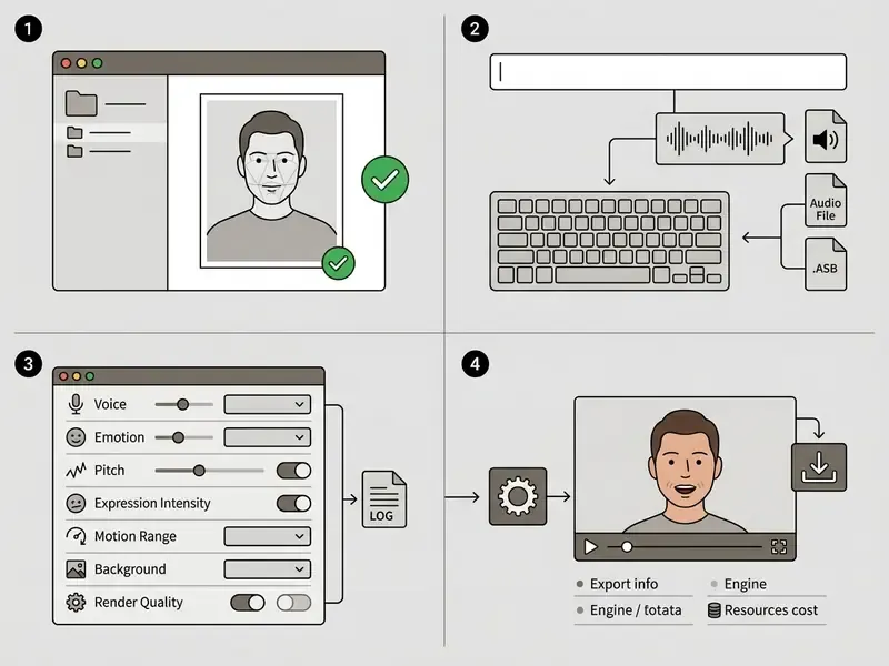 Four steps showing how to upload a portrait, add audio, adjust settings, and export a talking photo
