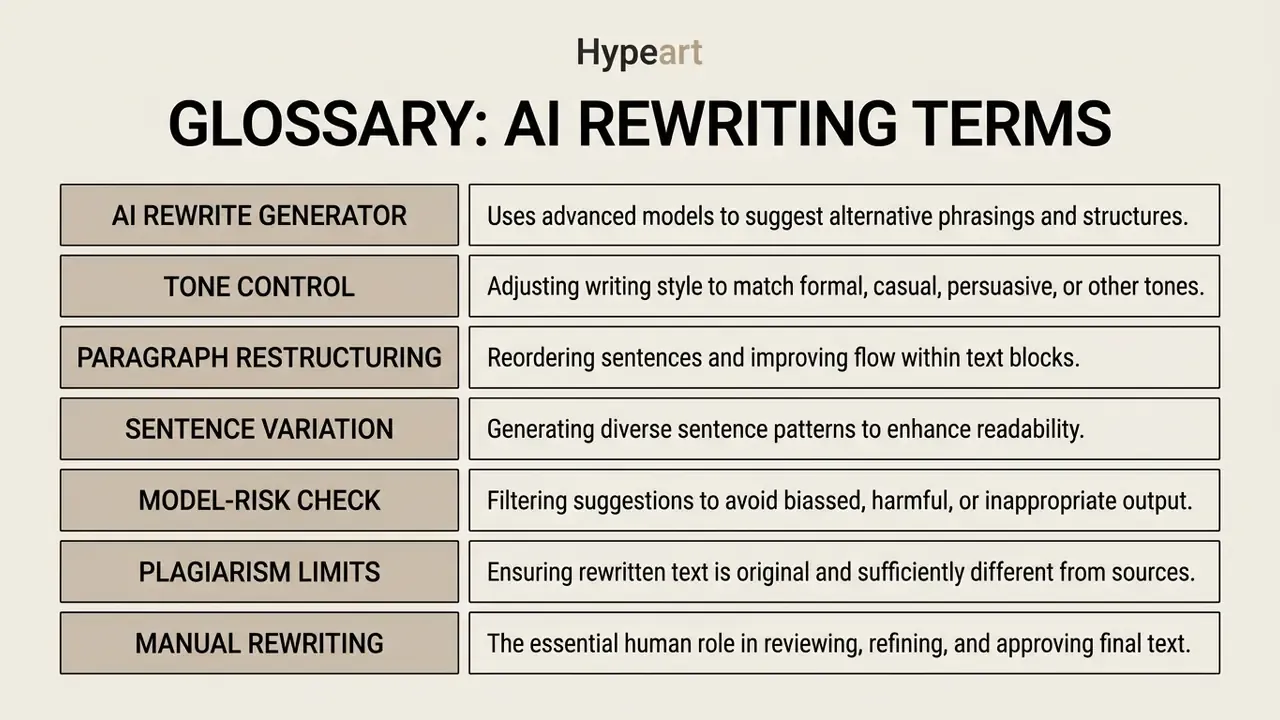 Table listing key terminology and definitions related to an AI rewrite generator