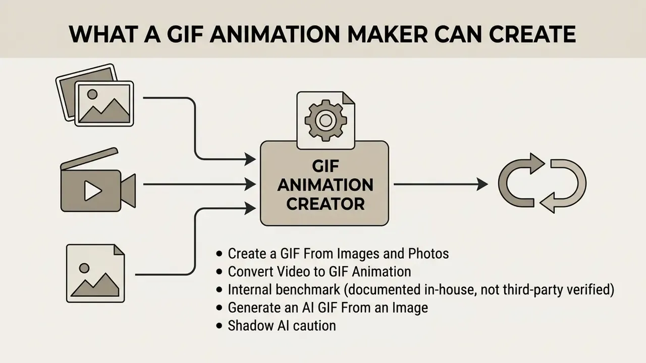 Flowchart showing photos and video clips being converted into looping animations by a software tool
