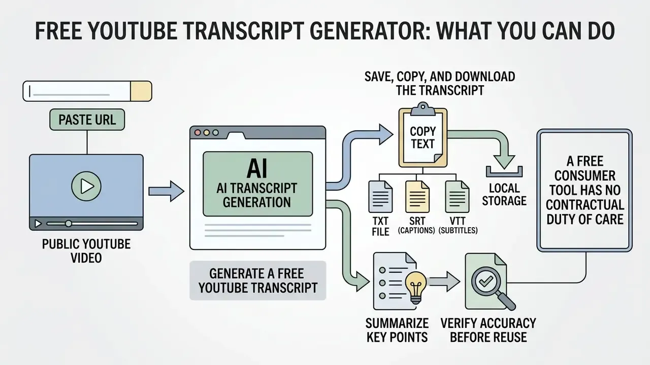 Workflow showing how to paste a YouTube URL to generate, save, copy, and download a transcript