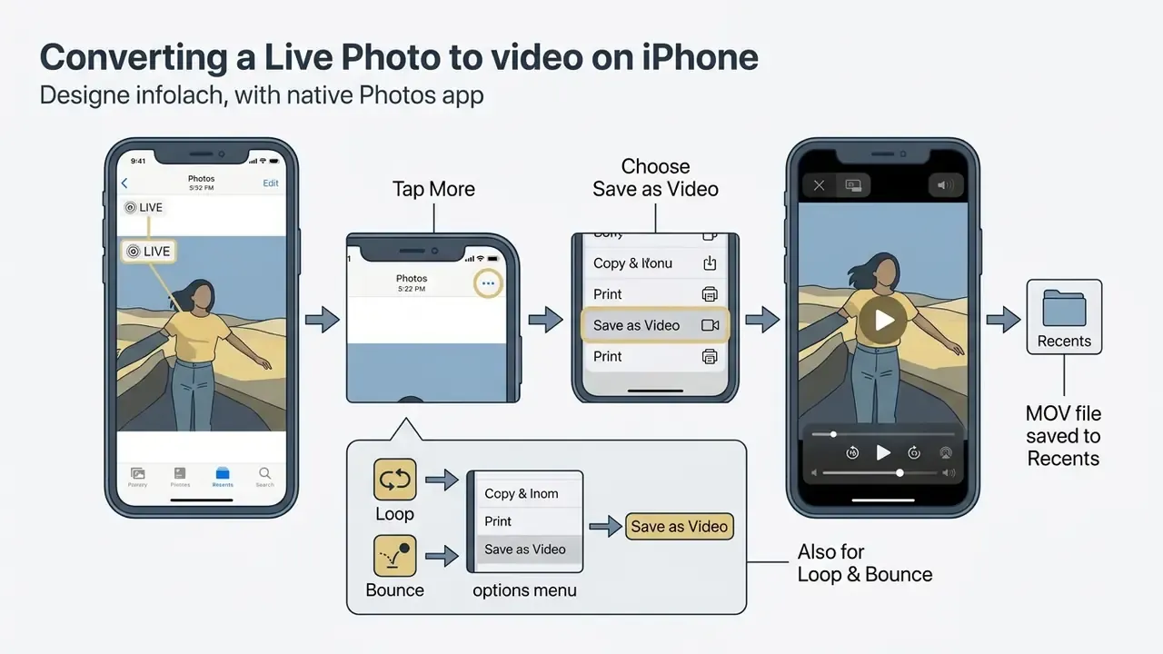 Flowchart showing how to turn a Live Photo into a video file using the iPhone Photos app share menu