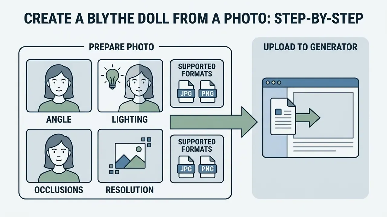 Flowchart showing how to prepare photos for a Blythe doll AI generator by checking lighting and formats