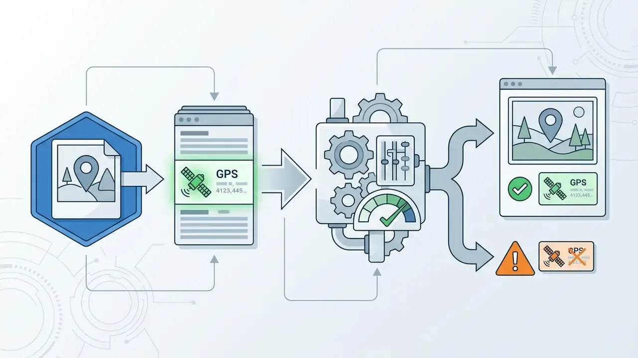 Image file with GPS data feeding into processing gears to output verified locations or error warnings