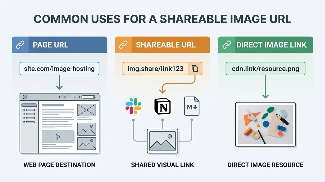 Diagram comparing page URLs, shareable links, and direct image links with their respective destinations