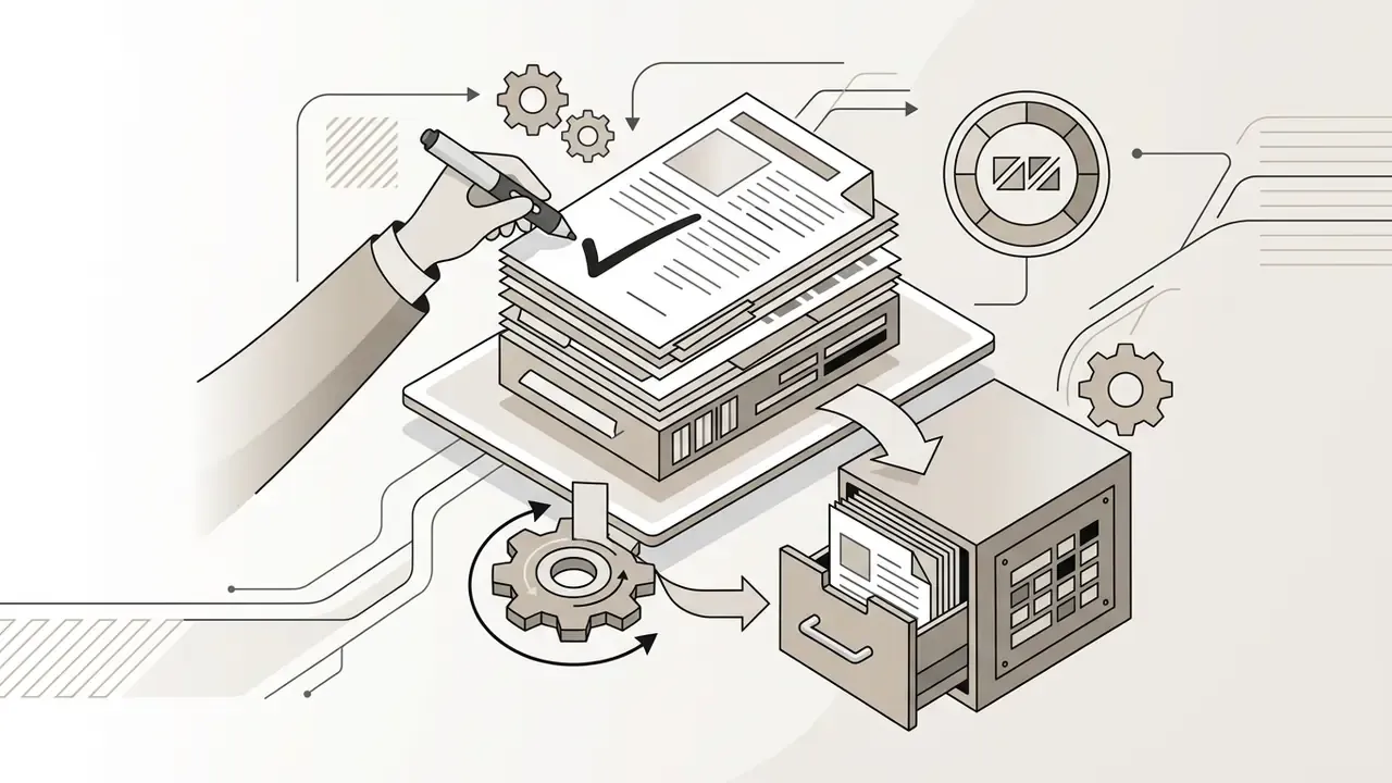 Hand using a pen to mark a stack of documents before they are moved into a secure filing cabinet