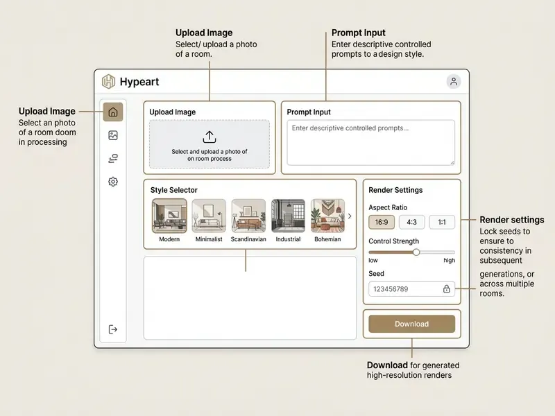Annotated interface of an AI interior design generator showing input fields and render configuration controls