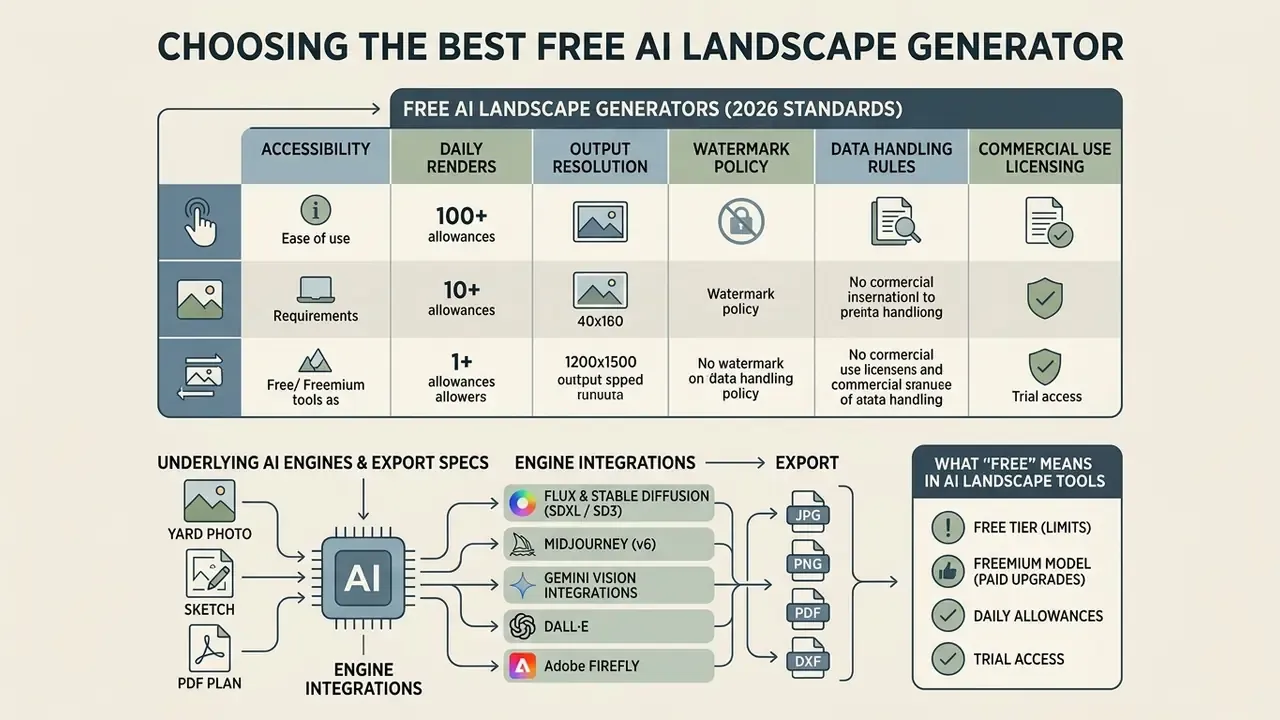 Comparison table and workflow diagram for evaluating features and engines of an AI landscape generator