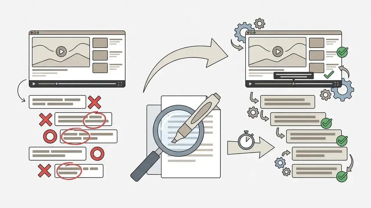 Magnifying glass and pen reviewing text blocks to correct errors before finalizing AI subtitle content