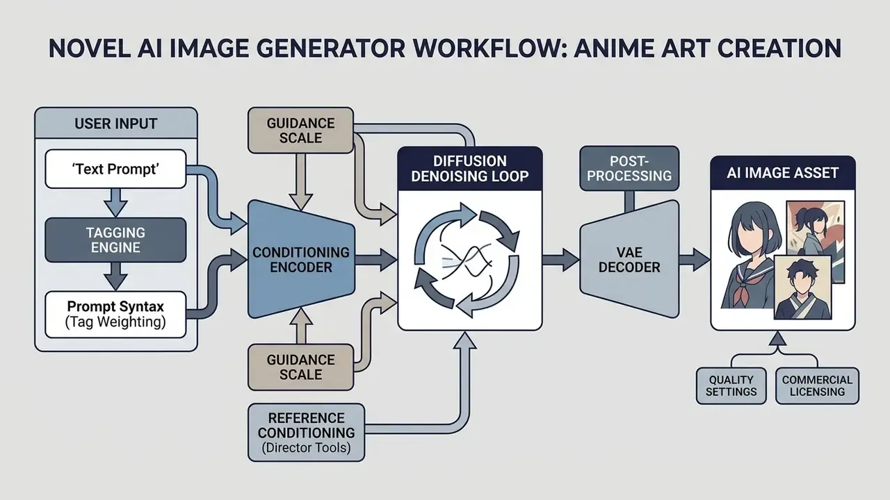 novel ai image generator architecture pipeline from text prompt to anime image