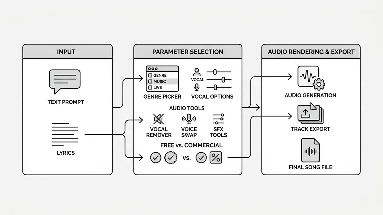 Diagram showing the workflow from text input to parameter selection and final audio file export