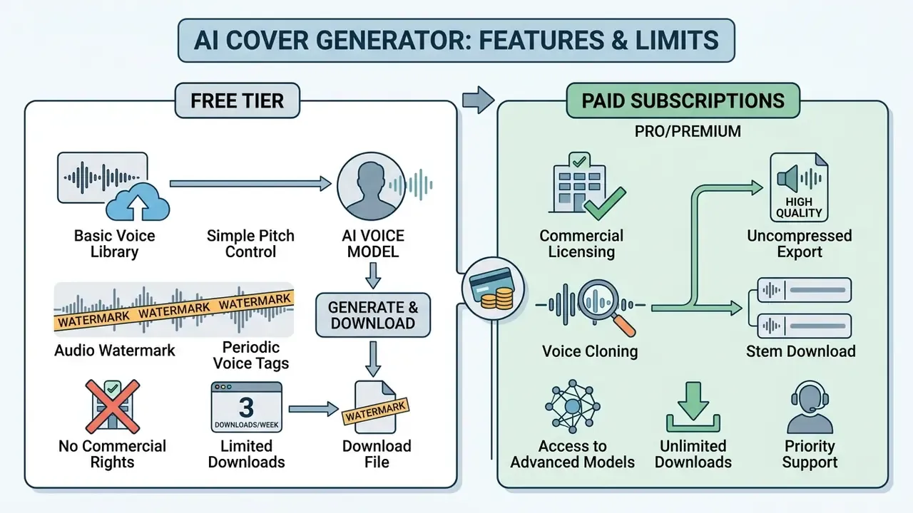 Comparison chart contrasting free tier limitations with paid subscription benefits for music software