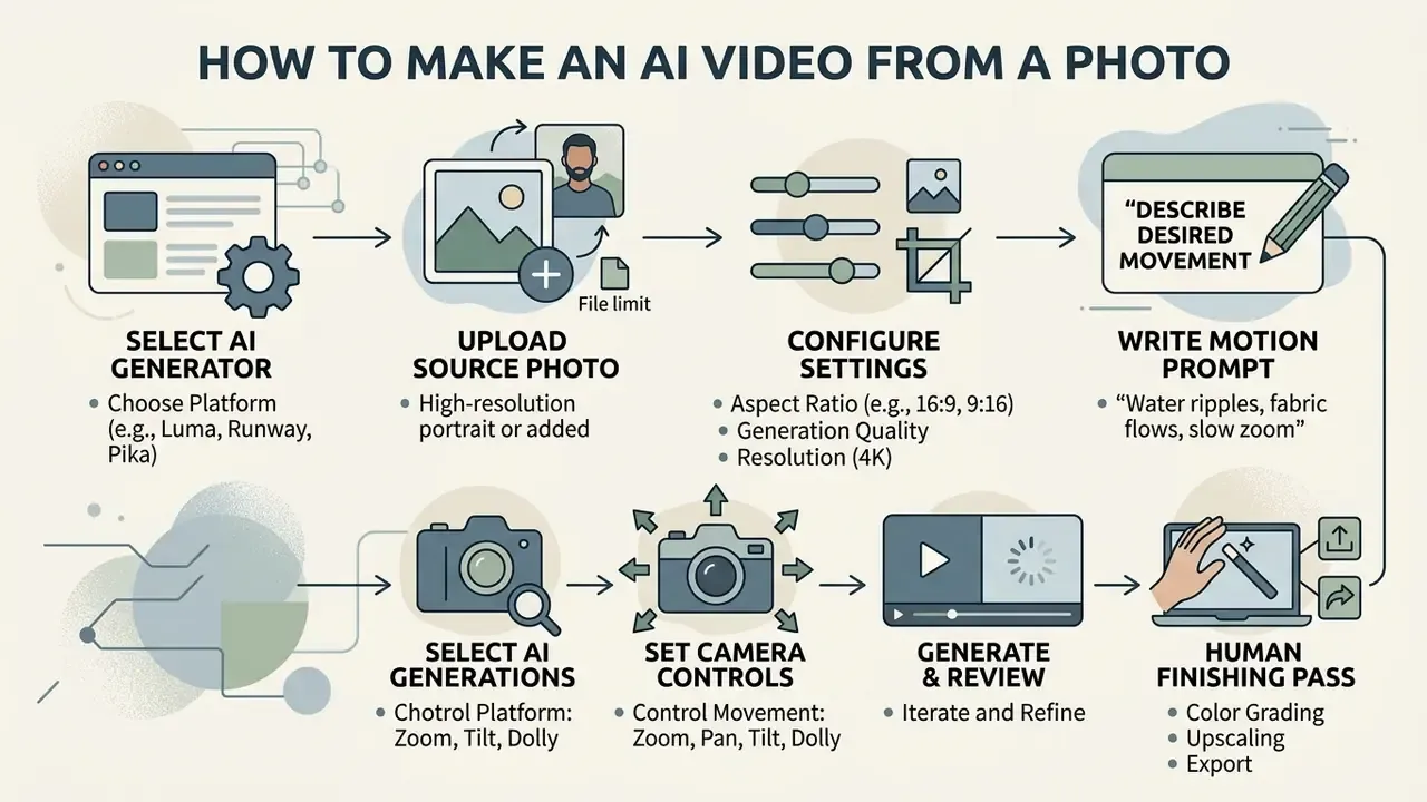 Sequential steps for how to make an AI video from a photo, from selecting a tool to final export