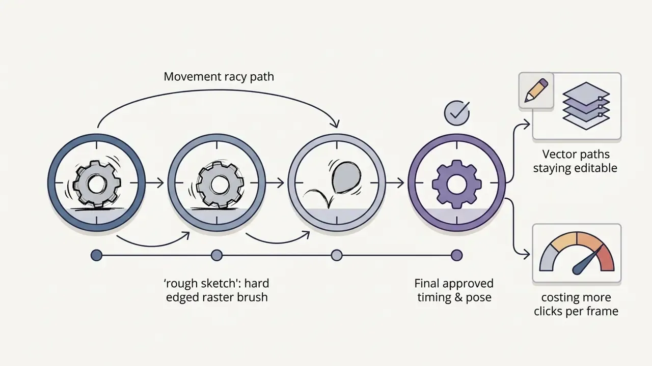 Sequential gear icons illustrating the transition from rough sketches to editable vector animation paths