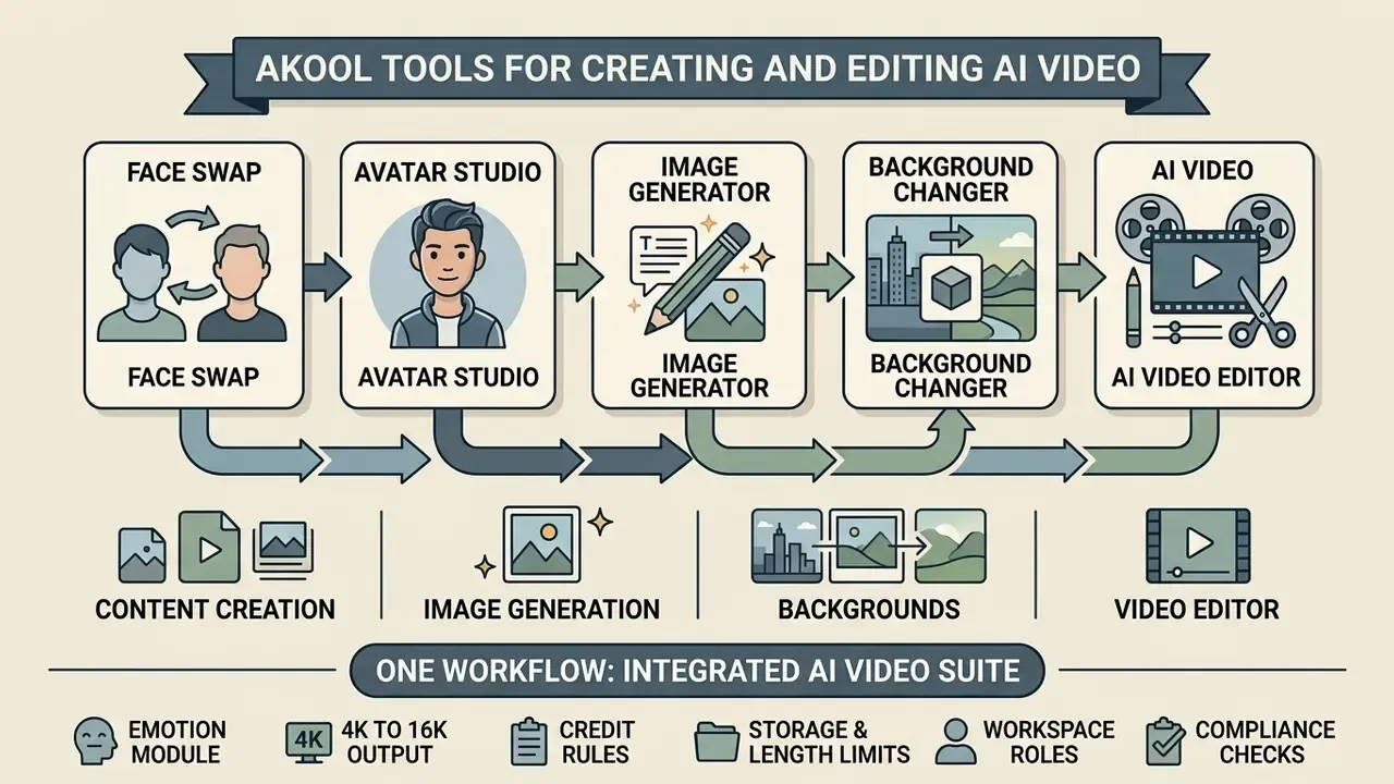Flowchart displaying five integrated Akool tools for face swapping, avatars, image generation, and video editing