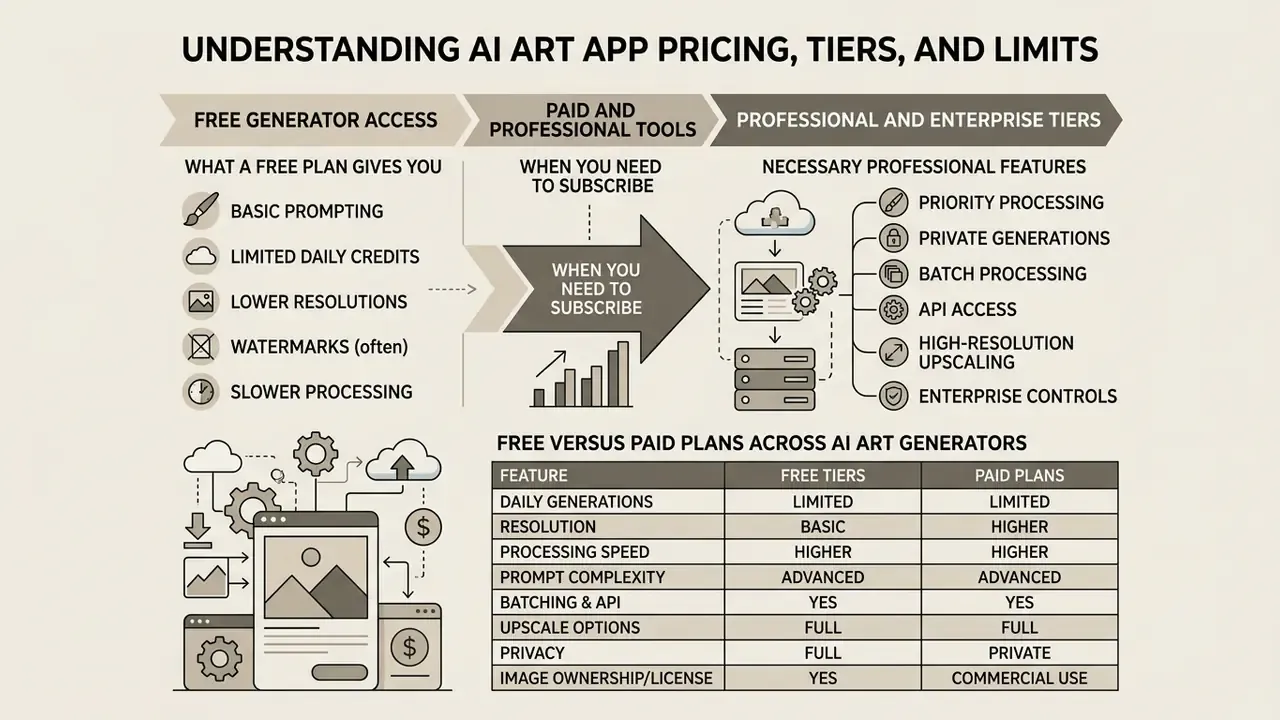 Comparison table and process map detailing the differences between free and paid creative software tiers