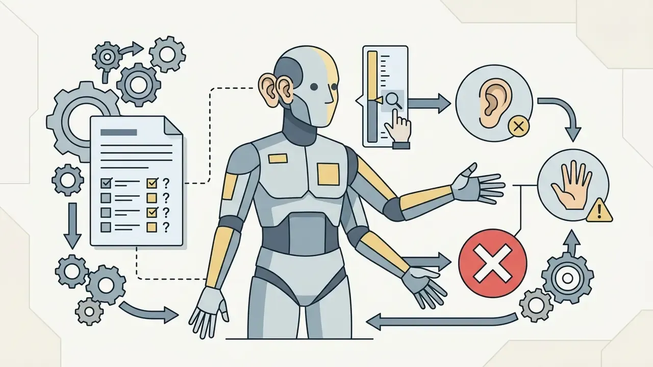 Robot with multiple arms pointing to icons of ears and hands marked with warning symbols