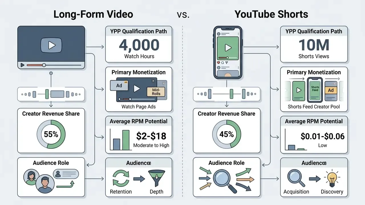 Side by side comparison of YouTube Partner Program requirements and revenue metrics for long-form and Shorts