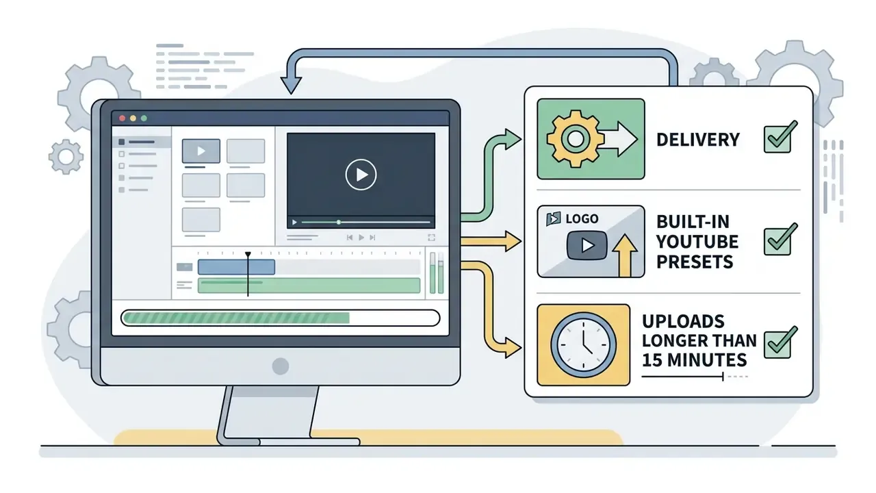 Desktop monitor showing video editing software exporting to YouTube presets with long upload support