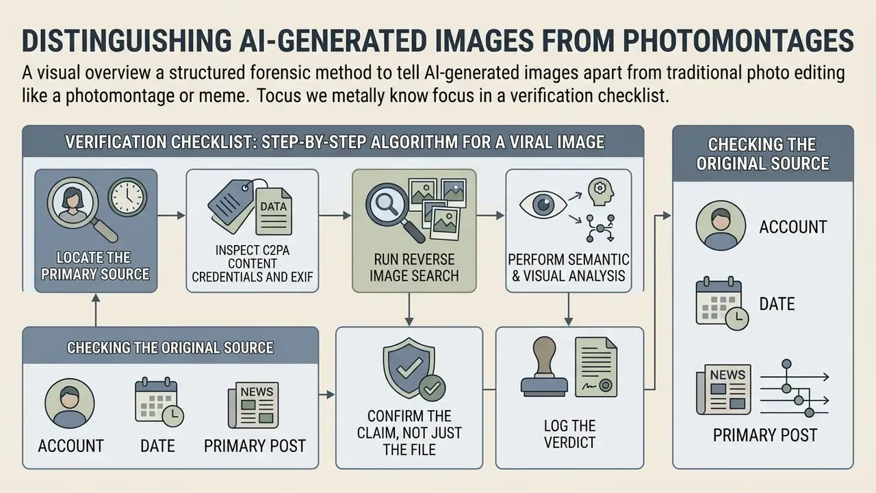 Step-by-step flowchart illustrating a forensic verification process for identifying synthetic media