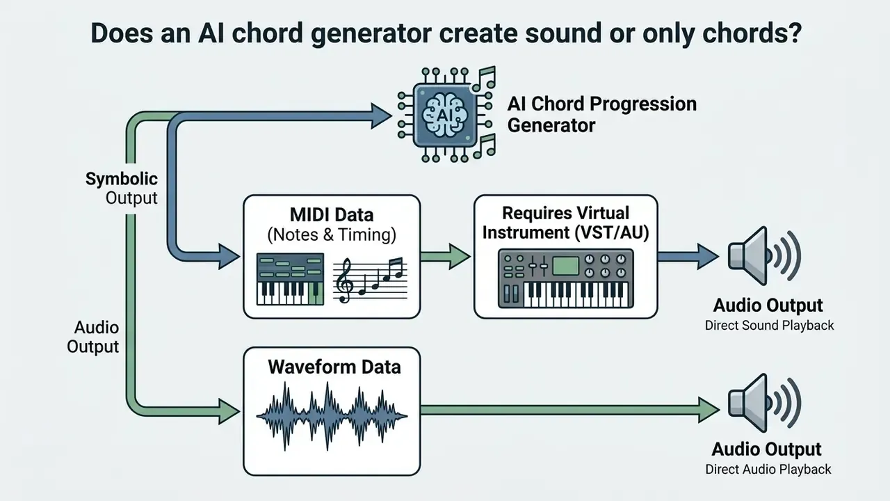 Flowchart comparing MIDI symbolic output requiring a virtual instrument against direct waveform audio