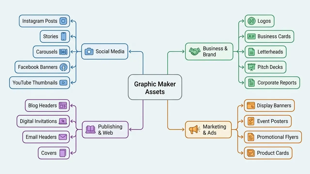 Mind map showing the classification of various design categories within a graphic maker