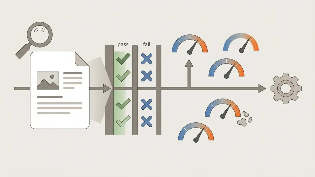 Flowchart showing document review with pass or fail gates followed by multiple performance gauges