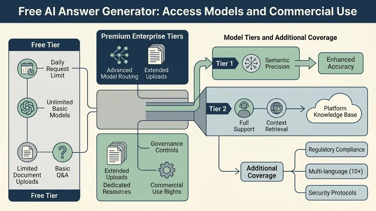 Comparison of free and enterprise service tiers showing model routing, upload limits, and support levels