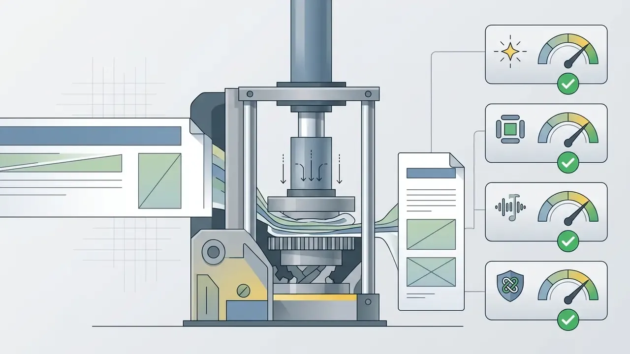 Mechanical press processing digital documents with status gauges and checkmarks for project specifications