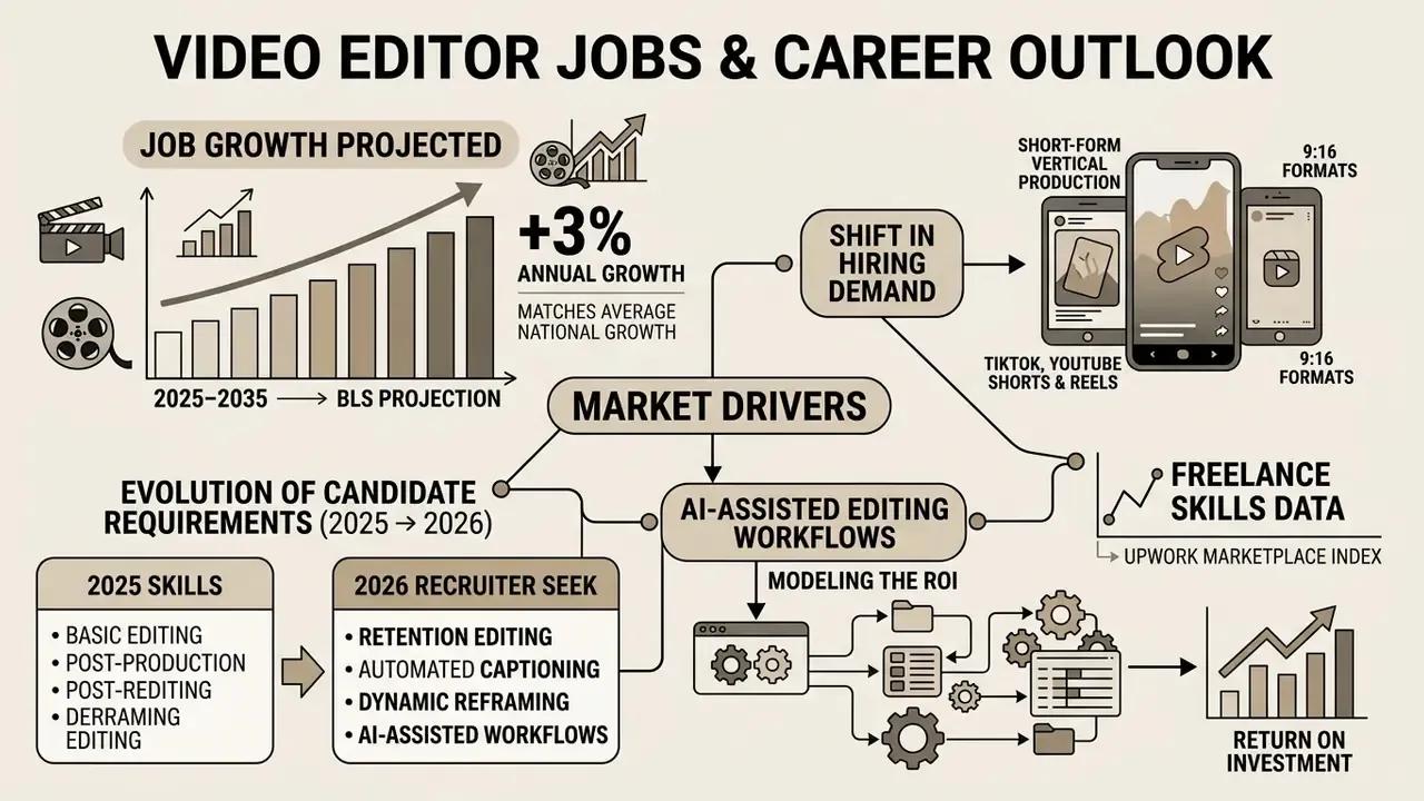 Infographic showing projected job growth and market drivers for video editor career requirements
