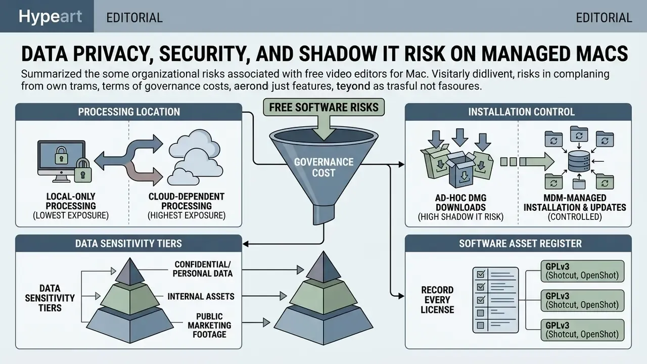 Flowchart illustrating organizational risks of software governance, installation control, and data sensitivity