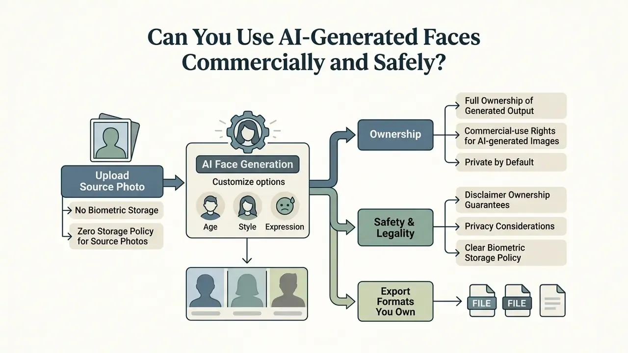 Flowchart showing the process of AI face generation from photo upload to ownership and safety policies