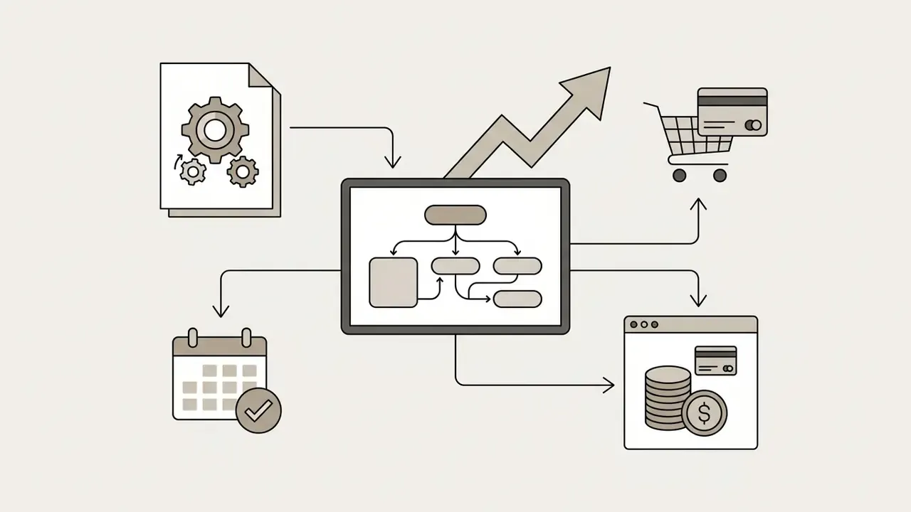 Central screen with connected icons for scheduling, shopping carts, and financial payment processing