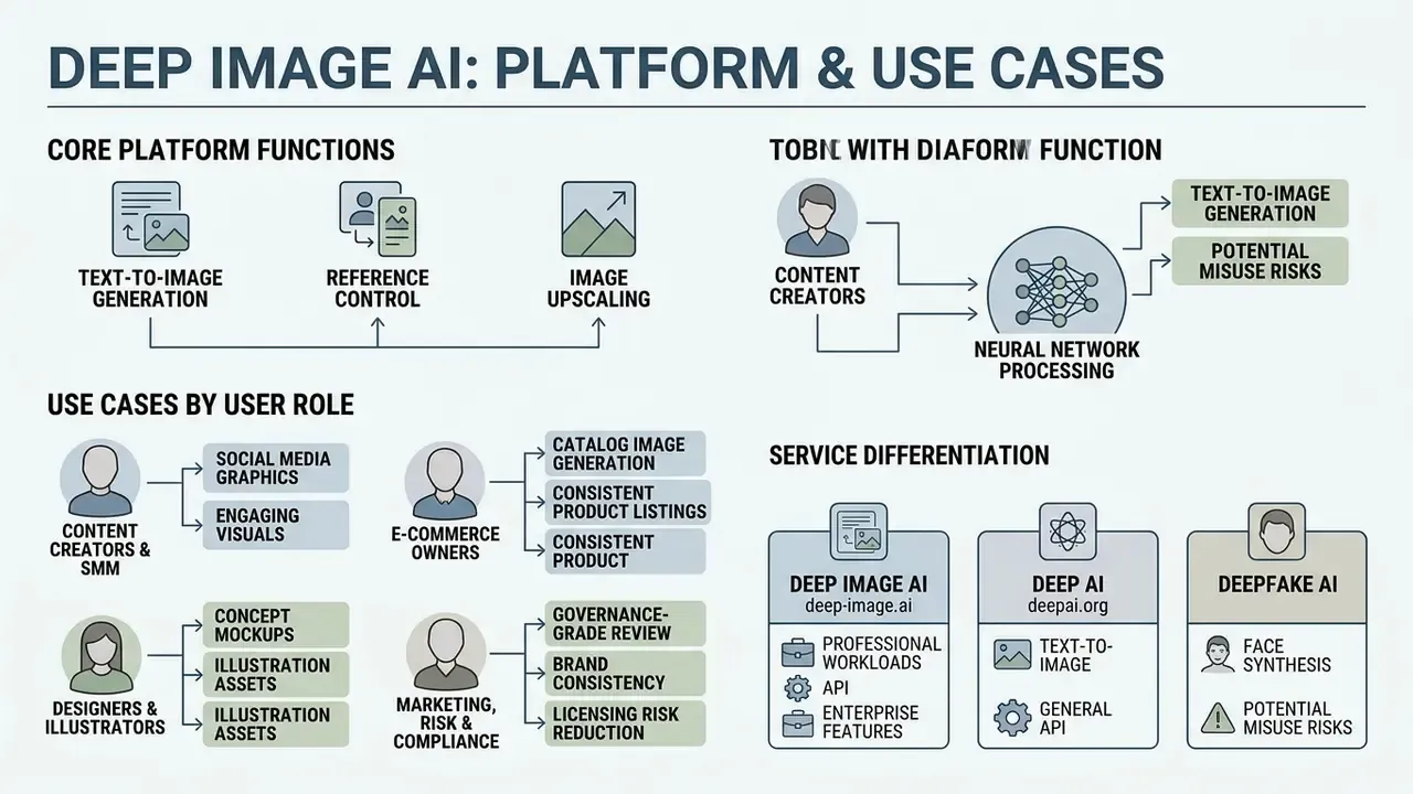 Diagram detailing Deep Image AI platform functions, user roles, and service differentiation categories