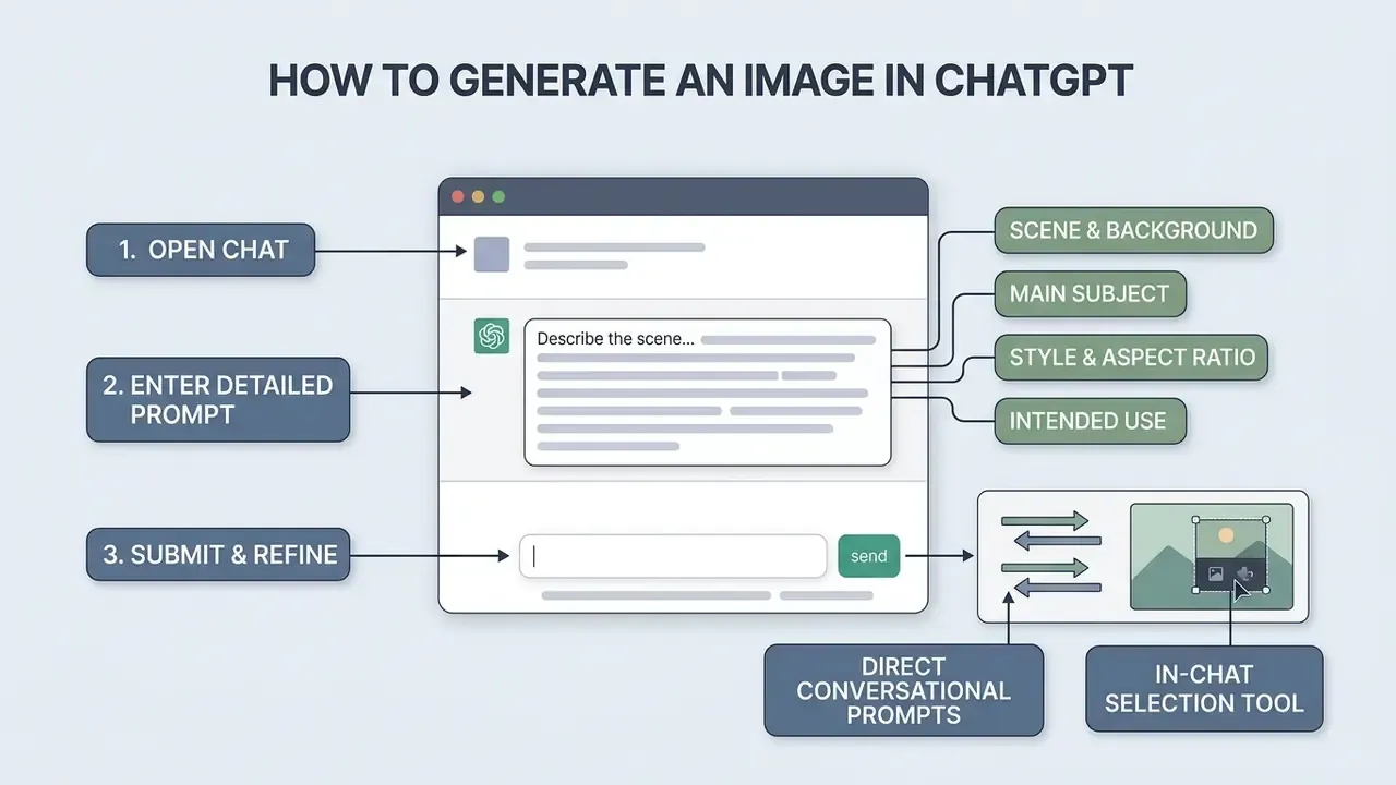 Three-step process showing how to generate an image in ChatGPT using prompts, refinement, and tools