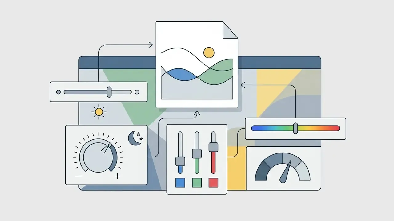 Sliders and dials connected to a central image icon representing light and color adjustment tools