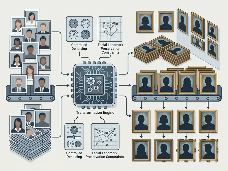 Workflow diagram showing headshots processed by a central engine into oil-style portraits