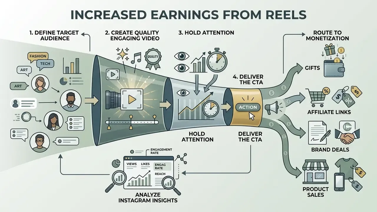 Funnel diagram showing how to monetize Instagram Reels by engaging viewers and driving them to revenue streams
