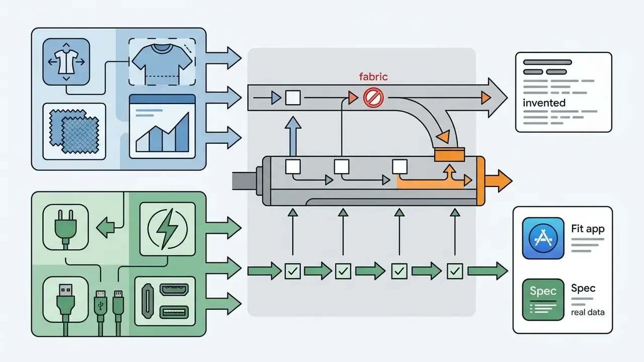 Categorized product data flowing into a processing engine to filter missing fields and output specifications