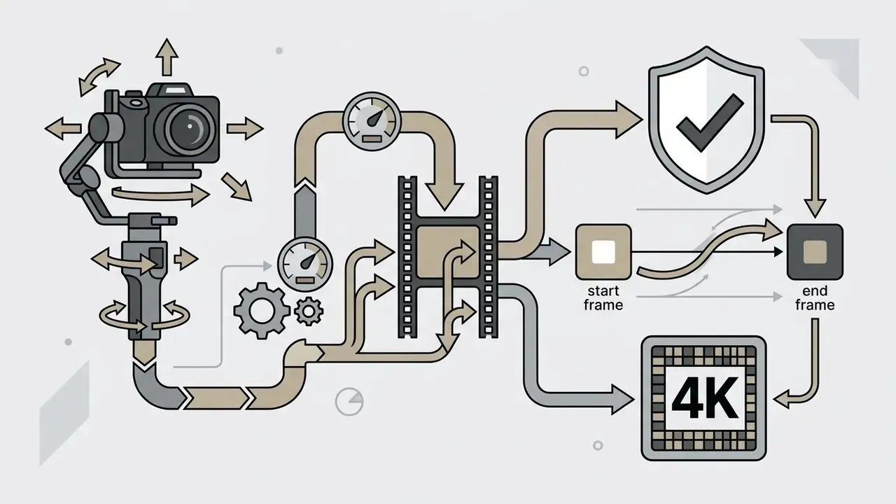 Camera gimbal and keyframe controls connecting to film strip icons for AI video generation workflows