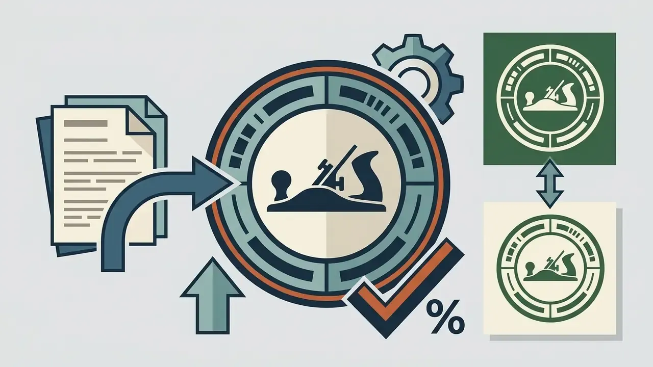 Document text being processed into a circular woodworking badge graphic with color variations